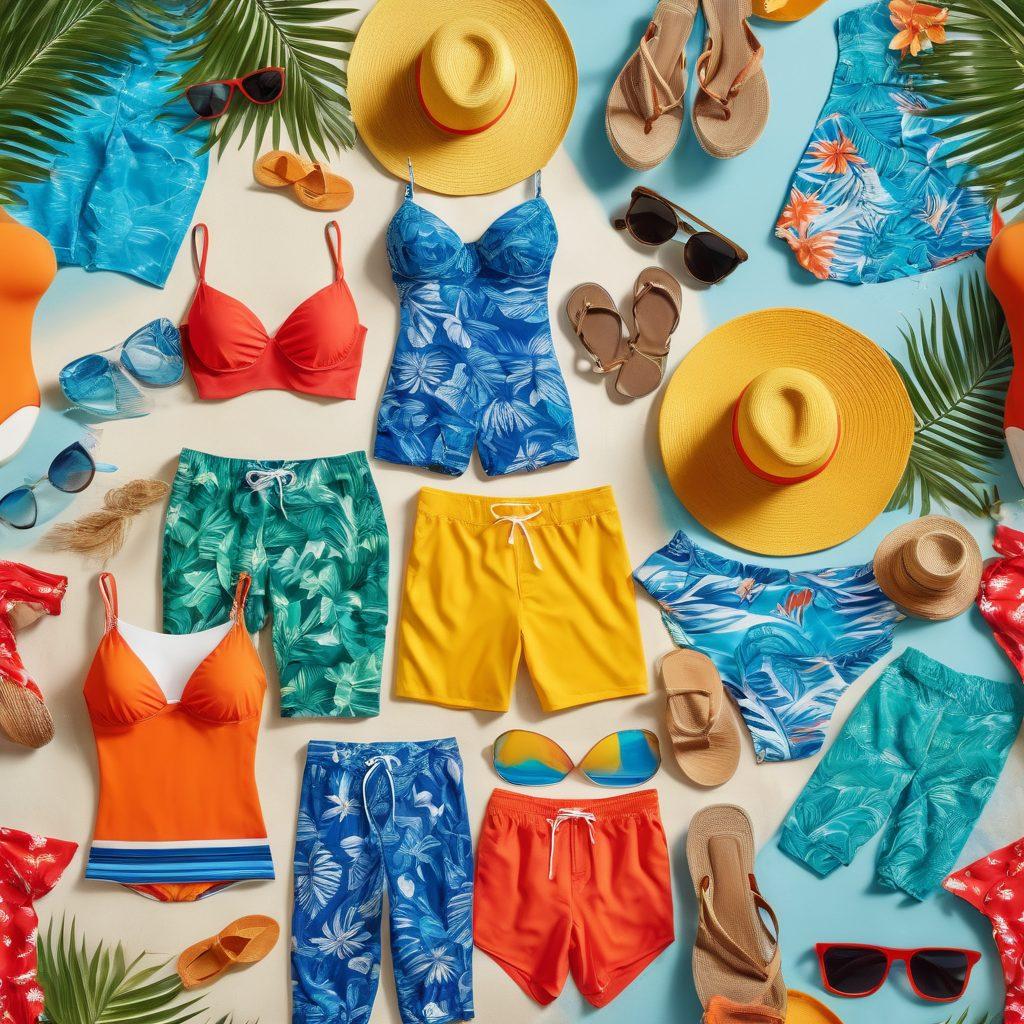 A vibrant collage of diverse adult swimwear designs displayed on mannequins at a bright beach setting, showcasing beach accessories like sunglasses, hats, and flip-flops. Include people enjoying the beach, splashing water, and sun loungers in the background, exuding a fun summer vibe. Emphasize bold colors and textures in the swimwear. tropical theme. super-realistic. vibrant colors.