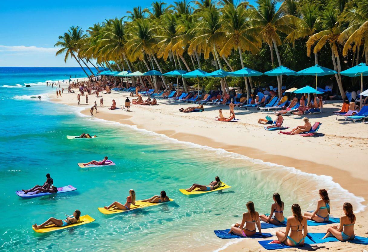 A vibrant beach scene filled with sunbathers in colorful thongs and bikinis showcasing the latest swimwear trends. Include palm trees swaying in the background and crystal-clear waves lapping at the shore. Highlight a diverse group of people enjoying summer activities like beach volleyball and sunbathing under a bright blue sky. Add an inviting turquoise ocean reflecting the sunlight for a lively atmosphere. vibrant colors. super-realistic.